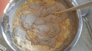 Rub Brown sugar into flour and remove all lumps then stir in sour cream and eggs mixture.